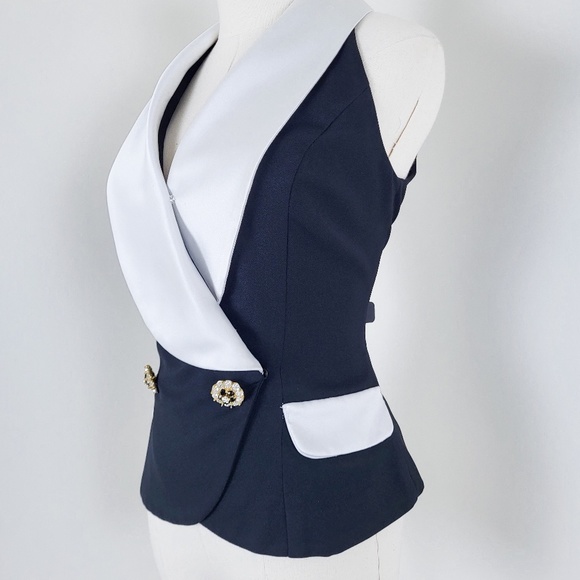 90's Waistcoat Black & White formal double breasted lapel V-neck plunge neckline - Picture 14 of 16